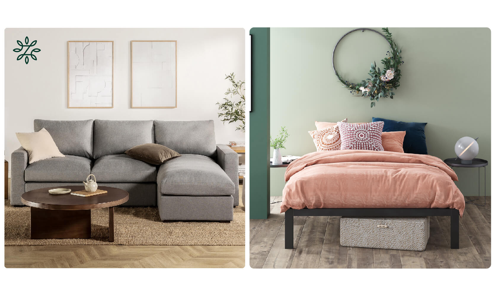 Split lifestyle scene showing a gray sectional sofa with chaise and neutral accents beside a bedroom with a black platform bed, peach bedding, patterned pillows, a green accent wall with a floral wreath, and storage tucked neatly under the frame.