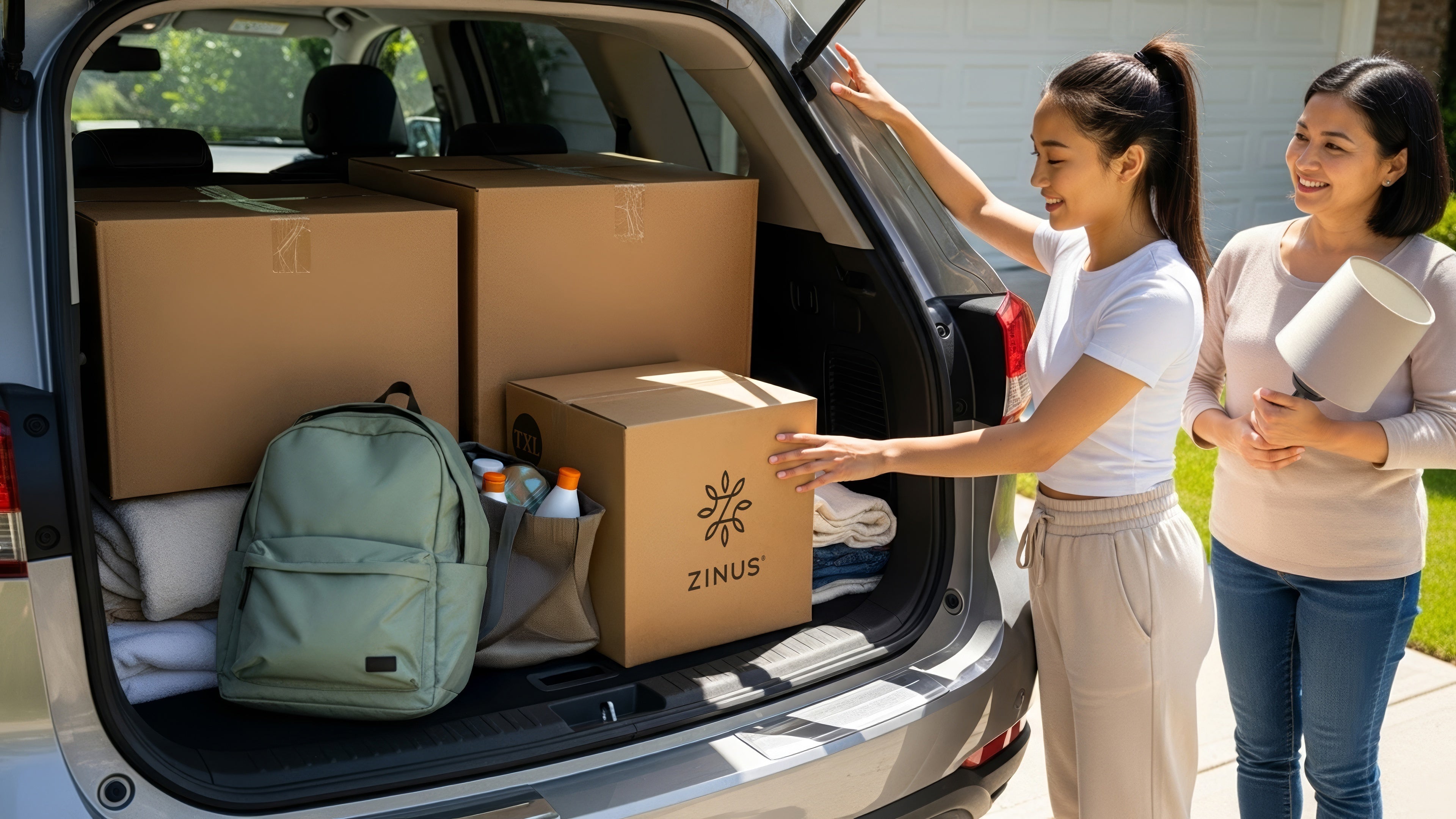 Two people loading a car for move-in day, placing a Zinus box among packed luggage and bedding in the trunk, showing compact mattress delivery and easy transport.