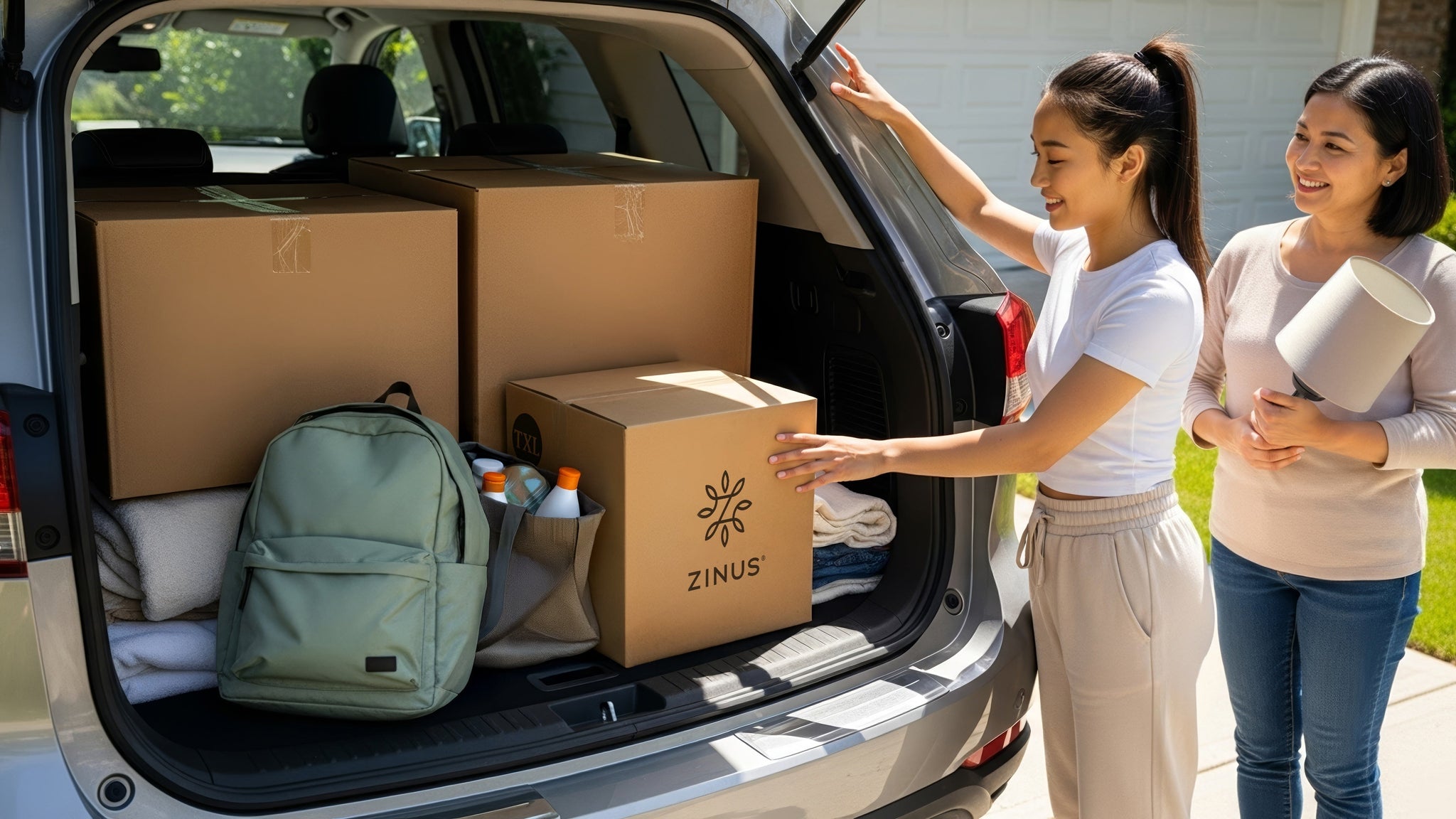 Two people loading a car for move-in day, placing a Zinus box among packed luggage and bedding in the trunk, showing compact mattress delivery and easy transport.