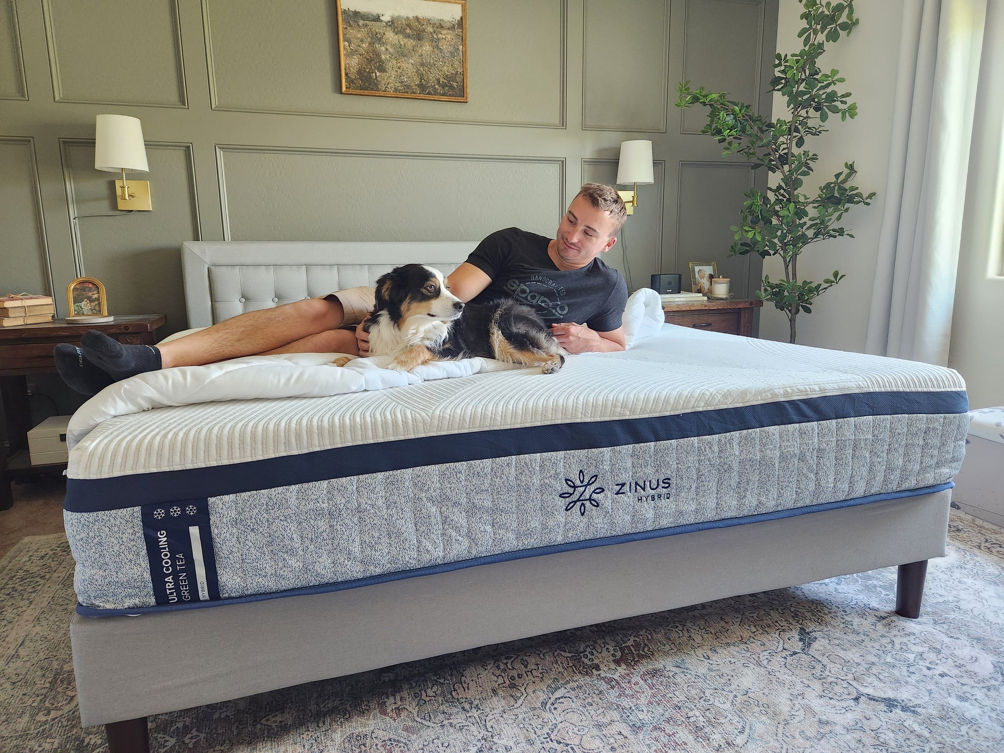 Exploded view of the Ultra Cooling Green Tea Hybrid Mattress featuring an instant cool cover, cooling gel memory foam, green tea transition layer, pocketed coils, edge coils, and a sturdy base for all-night comfort and support.