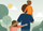 Illustrated parent standing outdoors with two children, one riding on their shoulders and the other holding their arm, conveying a warm family moment in a simple nature setting with trees, clouds, and sun.