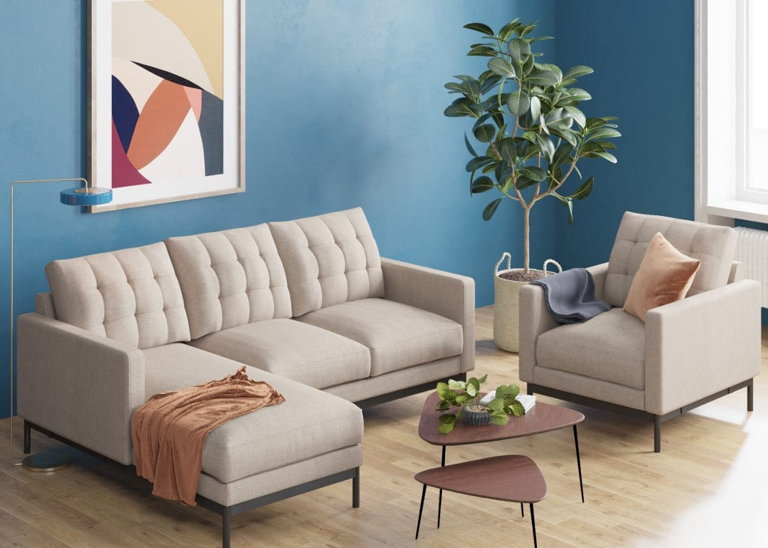 Zinus logan sectional sofa image in a beige color set in a bright and inviting living room