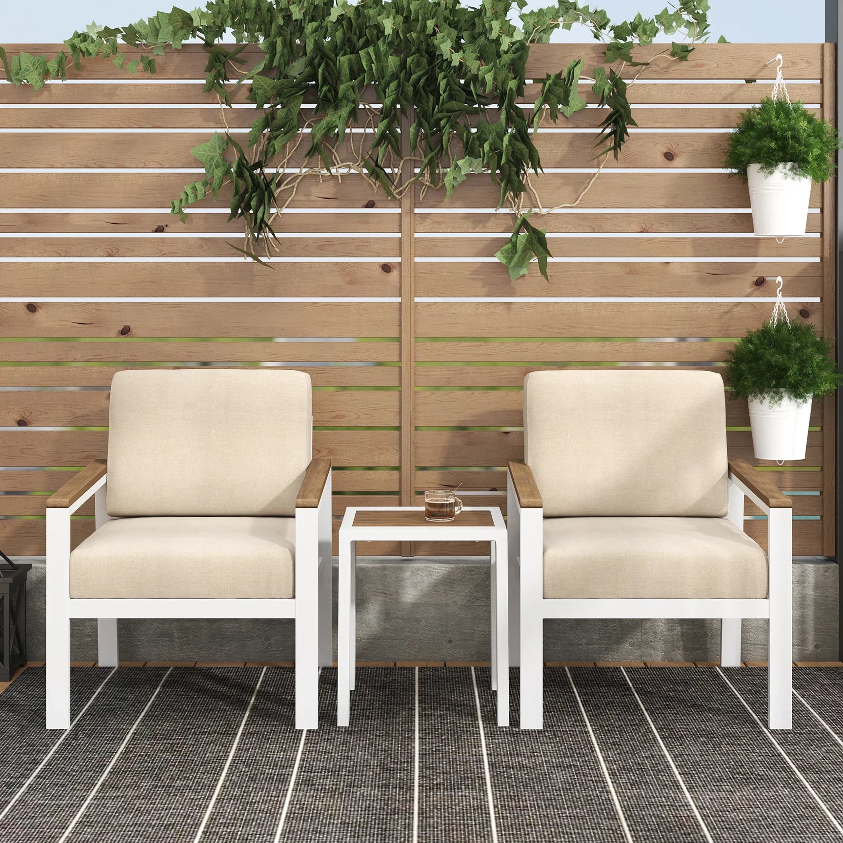 dillon outdoor chat set in white and beige