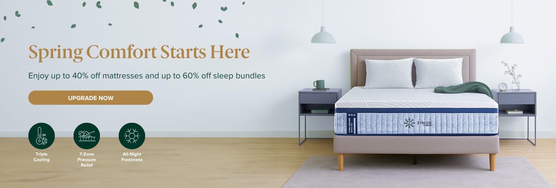Zinus Mattress Spring Sale Banner – Up to 40% Off Mattresses and 60% Off Sleep Bundles with Triple Cooling, 7-Zone Pressure Relief, and All-Night Freshness – Desktop View