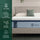 Zinus Balanced Comfort Luxe Memory Foam Mattress on an upholstered platform bed in a bright bedroom with white and green pillows, highlighting four benefits: 4X cooling, targeted pressure relief, all-night freshness, and a breathable, soft cover for restful sleep.