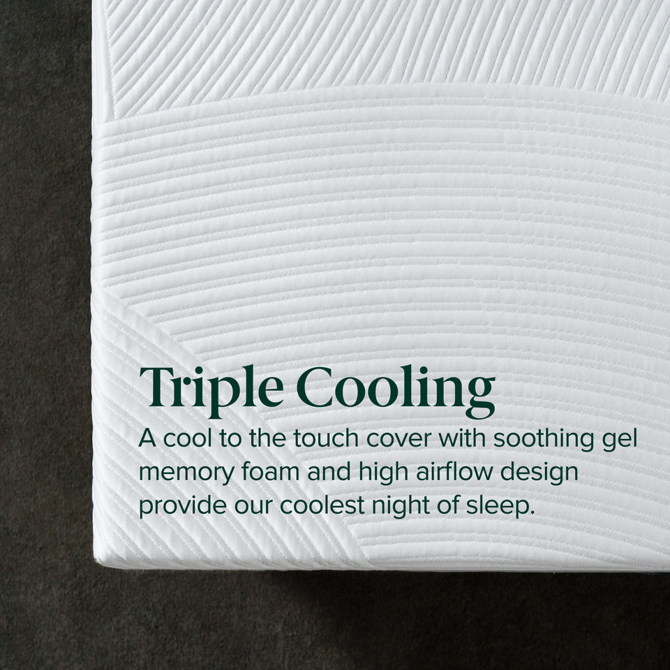 Close-up of Zinus Ultra Cooling Green Tea Memory Foam Mattress corner, featuring a textured white cover. Triple cooling system combines cool-to-the-touch fabric, gel memory foam, and airflow design, creating the brand’s coolest mattress for supportive, refreshing, all-night sleep