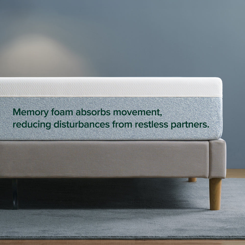 Zinus Cooling Green Tea Memory Foam Mattress demonstrating motion isolation, with all-foam construction absorbing movement so a restless partner does not disturb the other sleeper, combining cooling gel memory foam and green tea infused foam for undisturbed rest.
