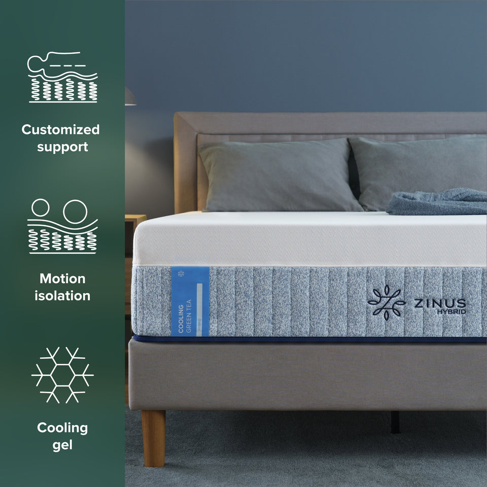 Zinus Cooling Green Tea Hybrid Mattress designed for enhanced breathability and pressure relief. Features: Customized support, Motion isolation and Cooling gel