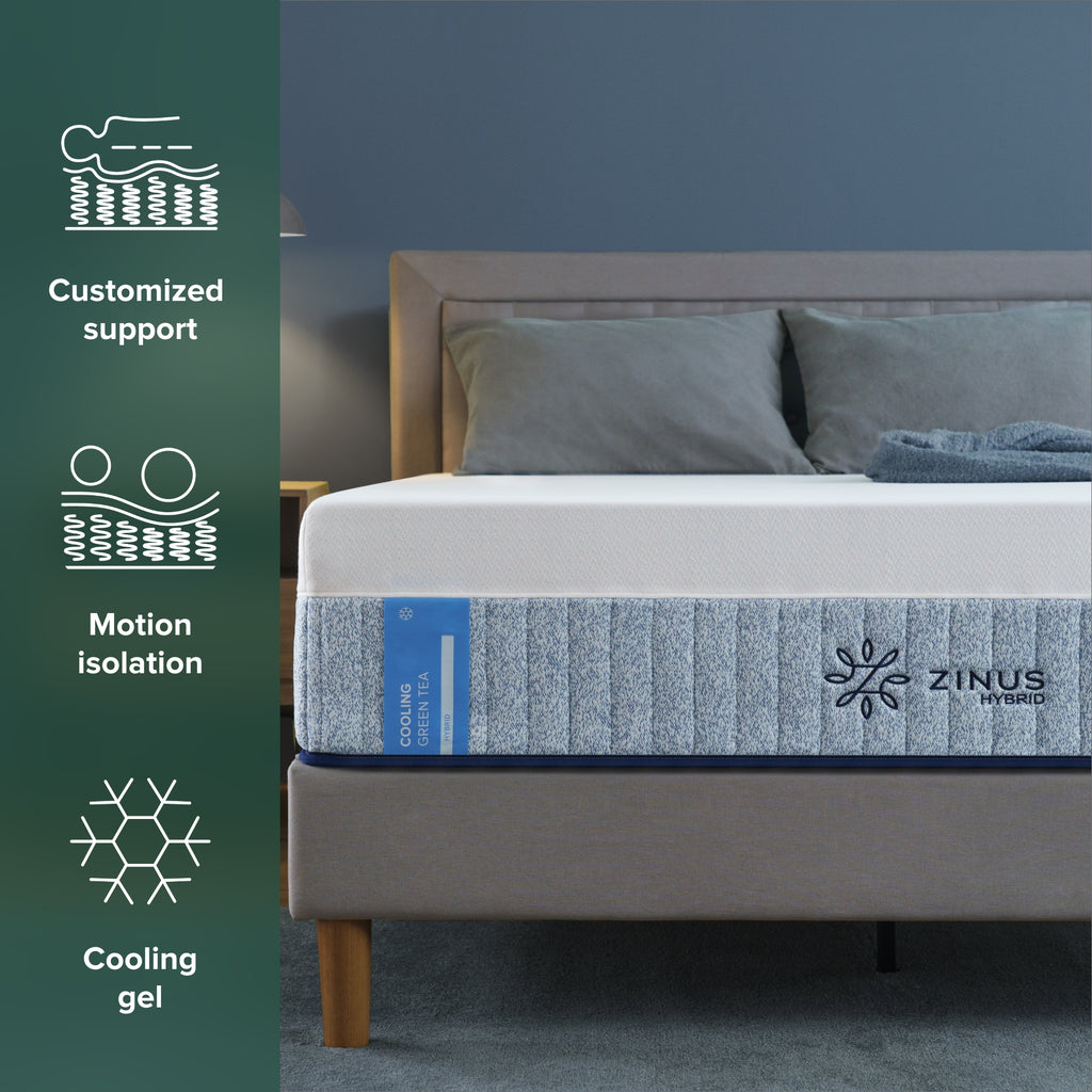 Zinus Cooling Green Tea Hybrid Mattress designed for enhanced breathability and pressure relief. Features: Customized support, Motion isolation and Cooling gel 
