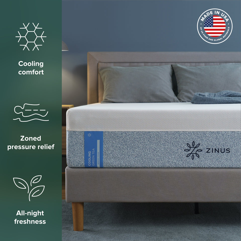 Zinus Cooling Green Tea Memory Foam Mattress made in USA with green tea-infused CertiPUR-US certified foam – best memory foam mattress for comfort and freshness for hot sleepers. Features: All-night freshness, Cooling comfort and Zoned pressure relief
