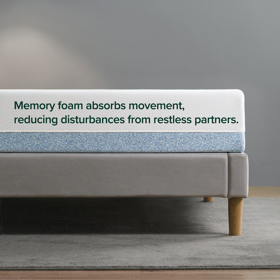 Zinus Original Green Tea Memory Foam Mattress side profile on bed frame. Memory foam absorbs motion to reduce disturbances from restless partners, ensuring uninterrupted, supportive, and refreshing sleep every night.
