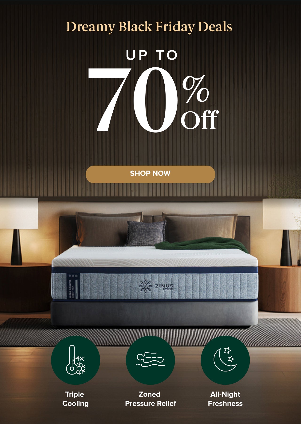 Dreamy Black Friday Deals promotion offering up to 70% off plus an extra 10% off with code BF10, displayed beside a Zinus hybrid mattress on a modern upholstered bed with bedside tables and warm lighting