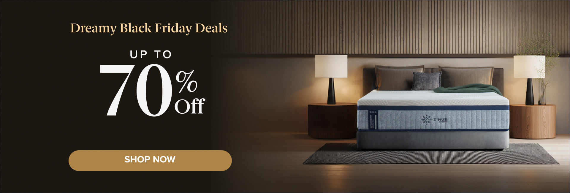 Zinus hybrid mattress on upholstered bed in modern bedroom with bedside lamps and wood panel wall, promoting Dreamy Black Friday Deals with up to 70% off plus an extra 10% off using code BF10; features include triple cooling, zoned pressure relief, and all-night freshness.