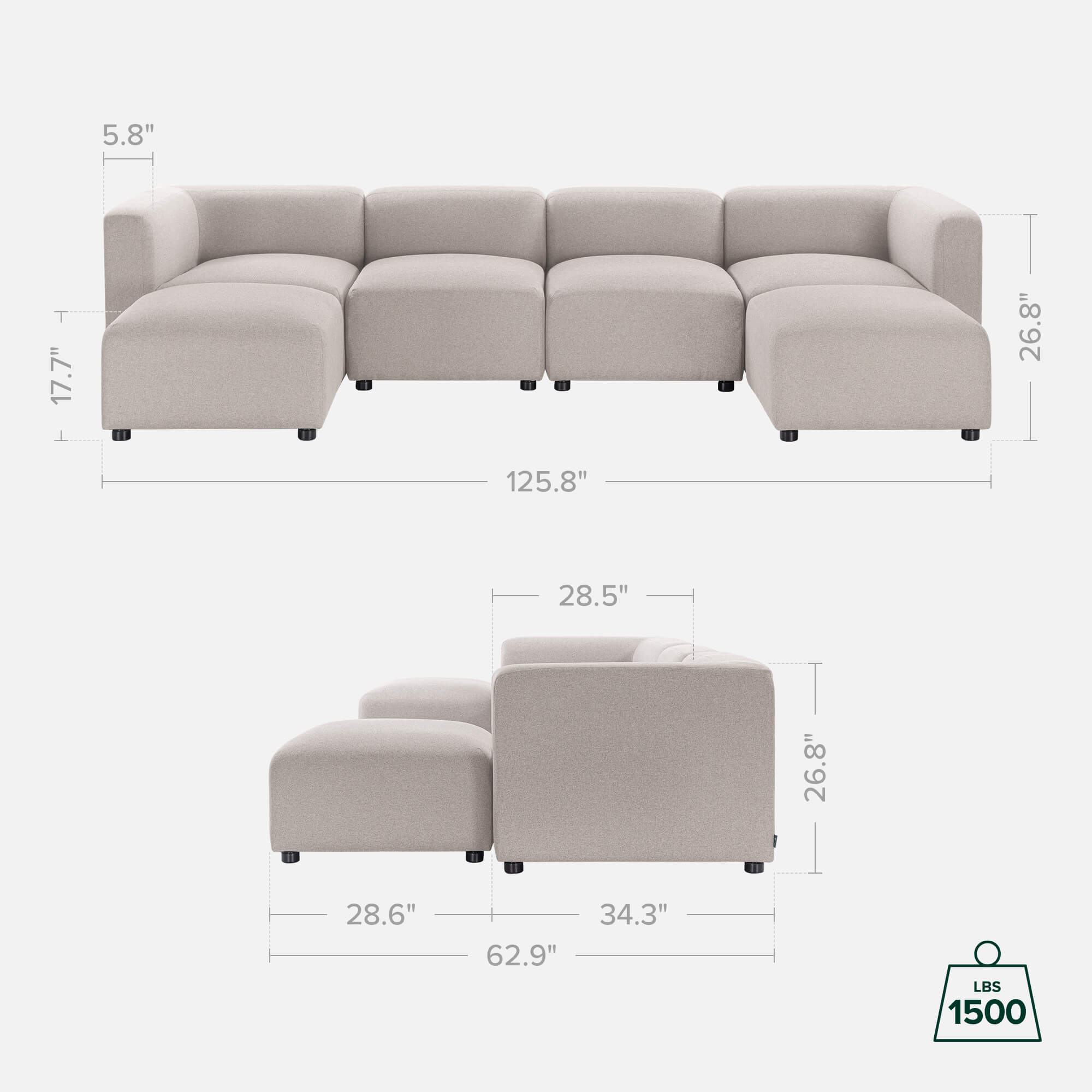 Schematic representation of the Luca Double Chaise Sectional Sofa's measurements