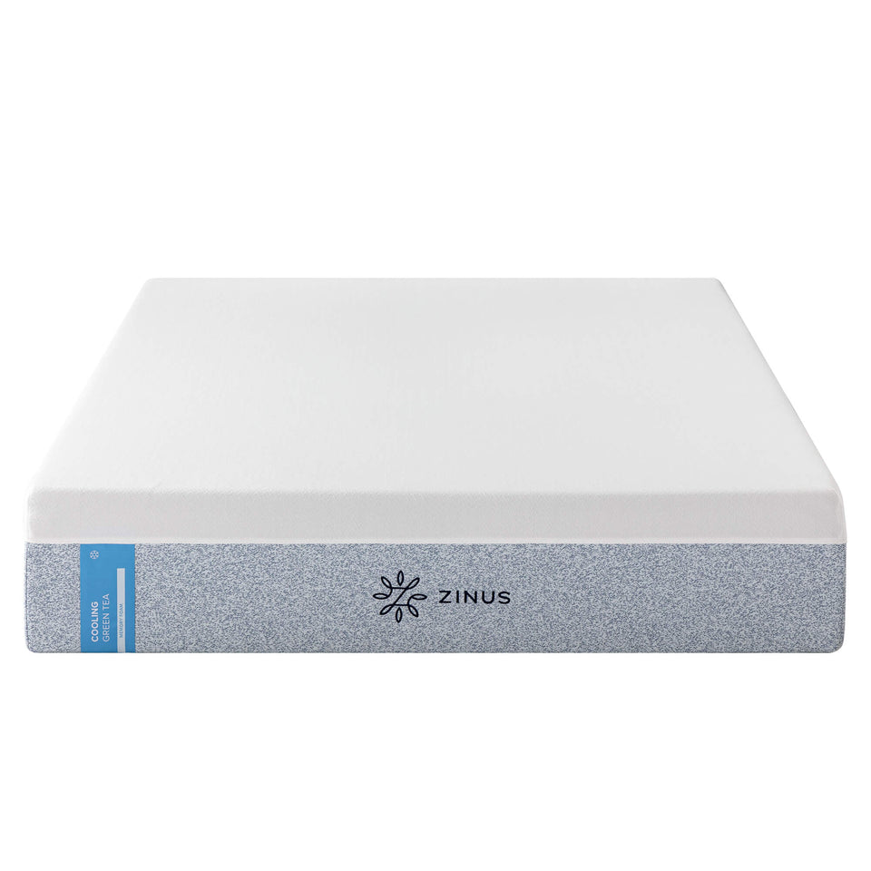 Zinus Cooling Green Tea Memory Foam Mattress shown in white and blue design. Features pressure-relieving memory foam infused with cooling gel and refreshing green tea extract for comfort, support, and temperature regulation