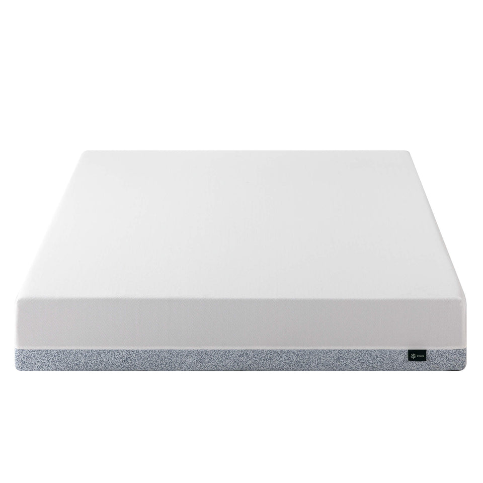Front view of Zinus Original Green Tea Memory Foam Mattress in studio. Features soft quilted white top, green tea-infused memory foam, and pressure-relieving comfort layers for cool, supportive, and restorative sleep.