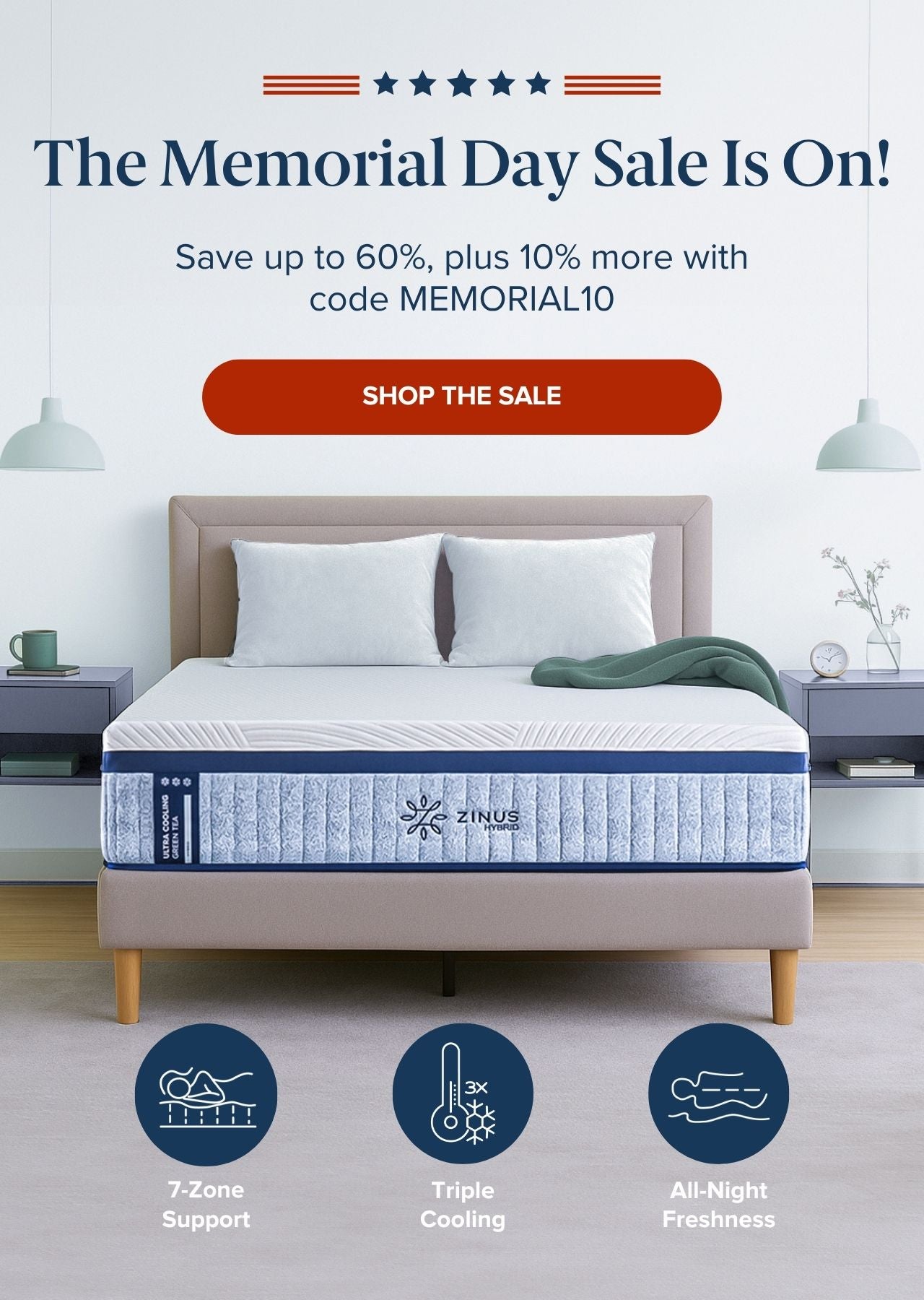 Mobile Banner for Zinus mattress on a modern bedframe under the headline ‘The Memorial Day Sale Is On! Save up to 60%, plus 10% more with code MEMORIAL10’, with icons for 7-Zone Support, Triple Cooling, and All-Night Freshness.