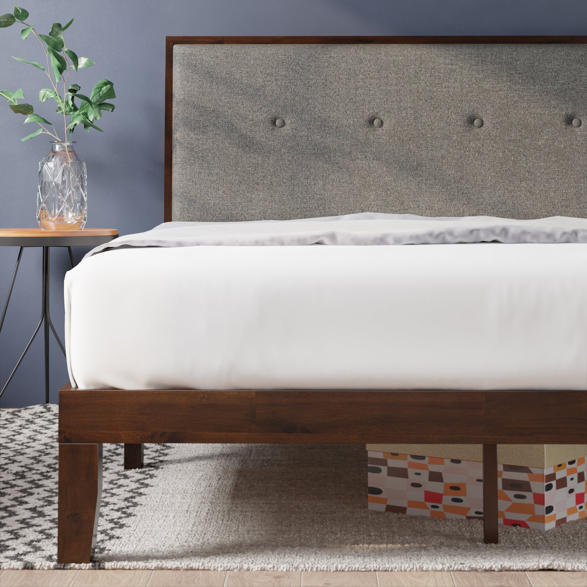 Moiz Wood Platform Bed Frame with Upholstered Headboard