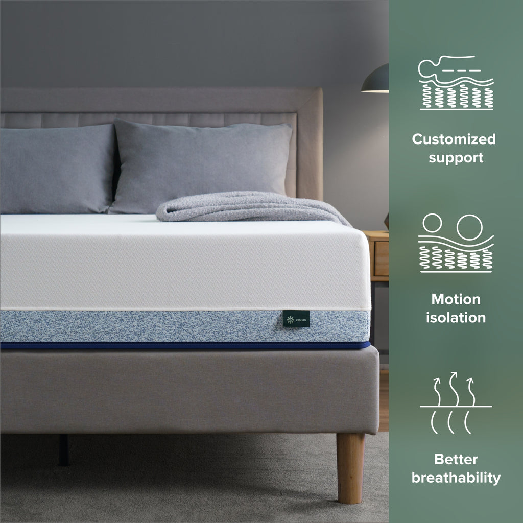 Zinus Original Green Tea Hybrid Mattress with supportive coils and refreshing green tea-infused foam.
Features: Customized support, Motion isolation and Better breathability 