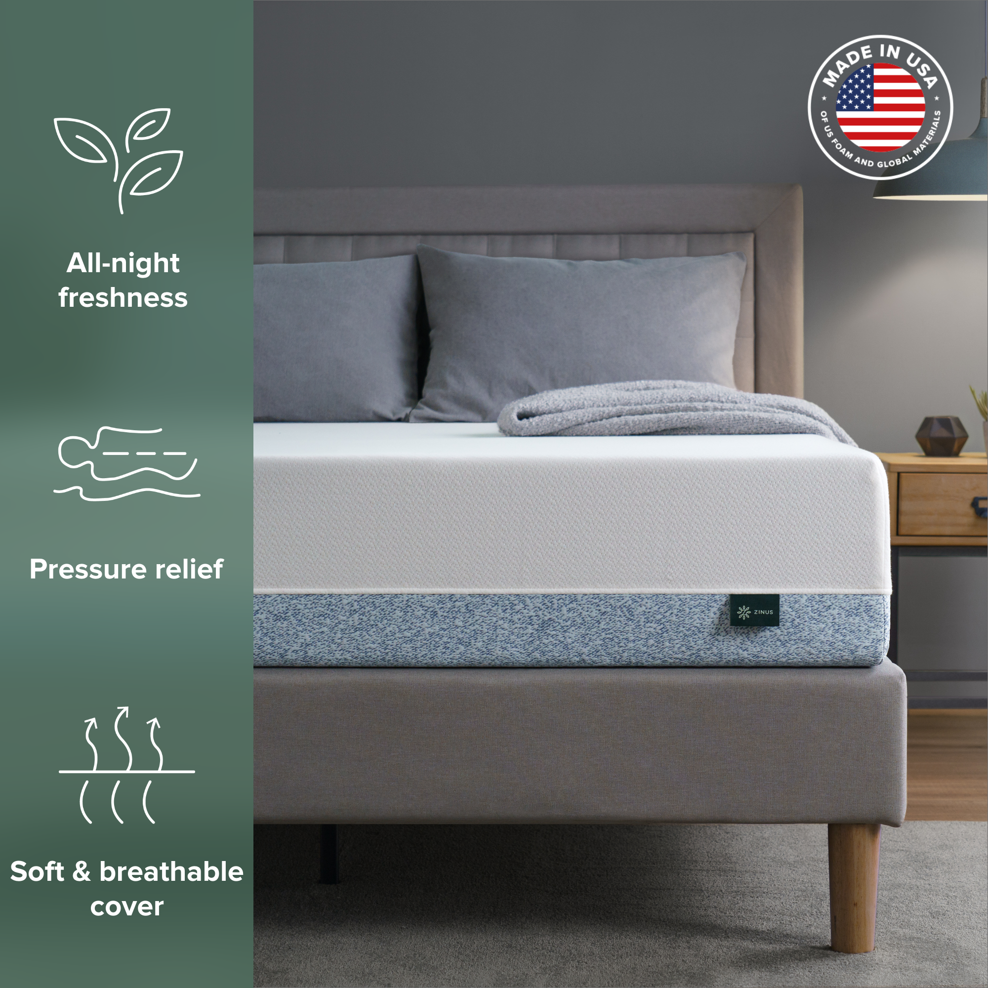 Zinus Original Green Tea Memory Foam Mattress made in USA with green tea-infused CertiPUR-US certified foam – best memory foam mattress for comfort and freshness.