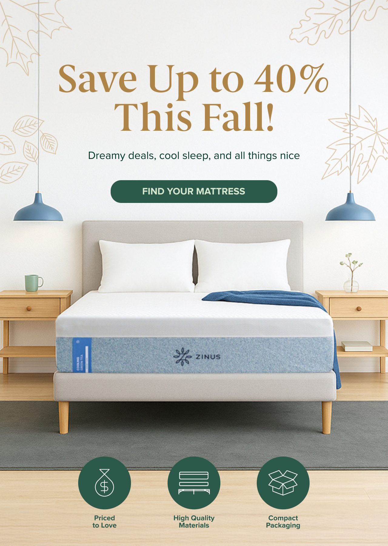 Zinus mattress advertisement with promotional text of save up to 40% off and product display.