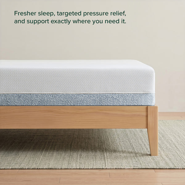 Zinus Balanced Comfort Core Memory Foam Mattress, side view close-up of the white knit cover and blue woven base fabric on a natural wood platform frame, with on-image text reading: 'Fresher sleep, targeted pressure relief, and support exactly where you need it.