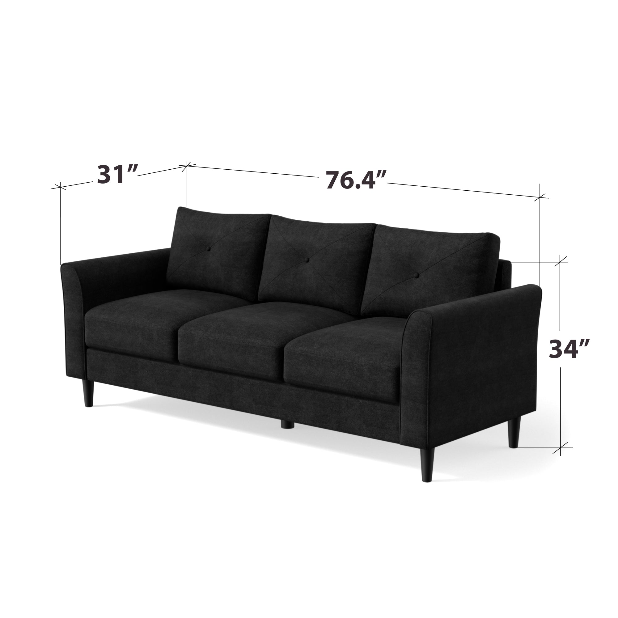 black 3 seater sofa with button tufting dimensions 76.4" wide