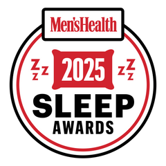 Go to slide Men’s Health 2025 Sleep Awards badge highlighting third-party recognition for sleep products with a red pillow year mark and surrounding Z-symbols, signaling trusted editorial validation for mattress or bedding quality