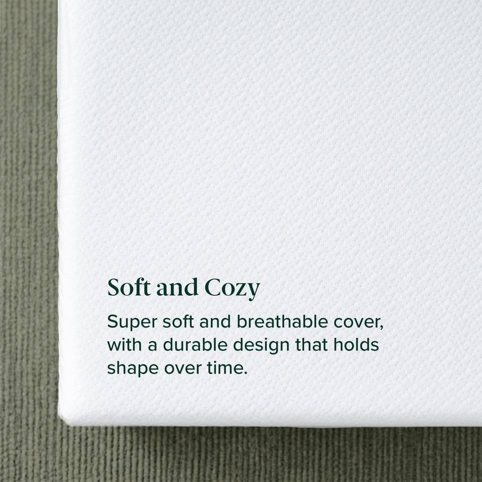 Zinus Cooling Green Tea Hybrid Mattress, Queen, close-up of cover corner with text reading soft and cozy, super soft and breathable cover with a durable design that holds shape over time.