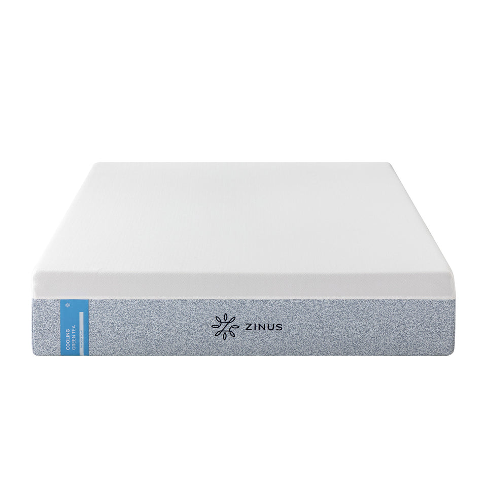 Zinus Cooling Green Tea Memory Foam Mattress, Queen, front silo shot on white background showing side label text reading cooling green tea memory foam and Zinus logo.