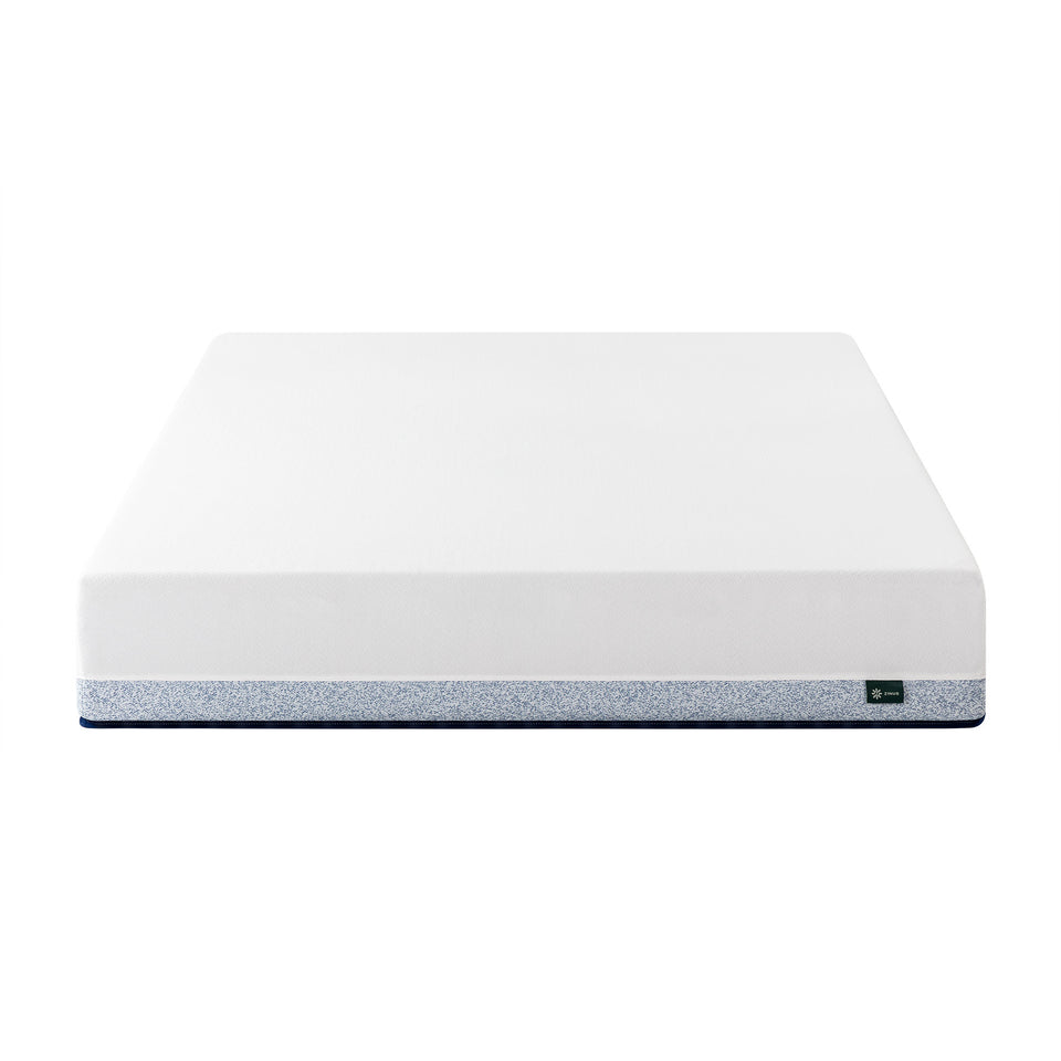 Zinus Original Green Tea Hybrid Mattress, Queen, front silo product shot on white background showing white knit top cover, gray textured side panel with navy trim, and Zinus logo tag.