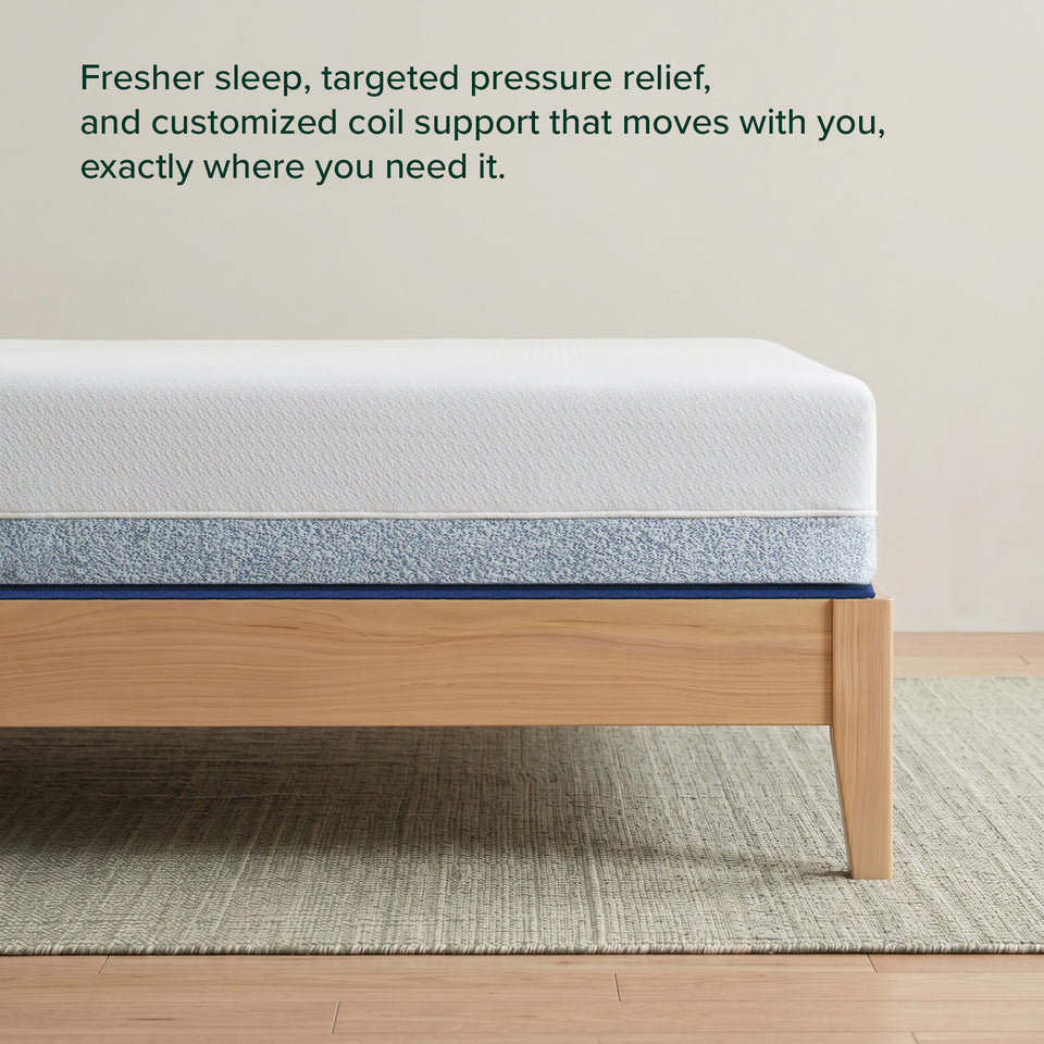 Zinus Original Green Tea Hybrid Mattress, Queen, side view on wood platform bed frame with headline text reading fresher sleep, targeted pressure relief, and customized coil support that moves with you, exactly where you need it.