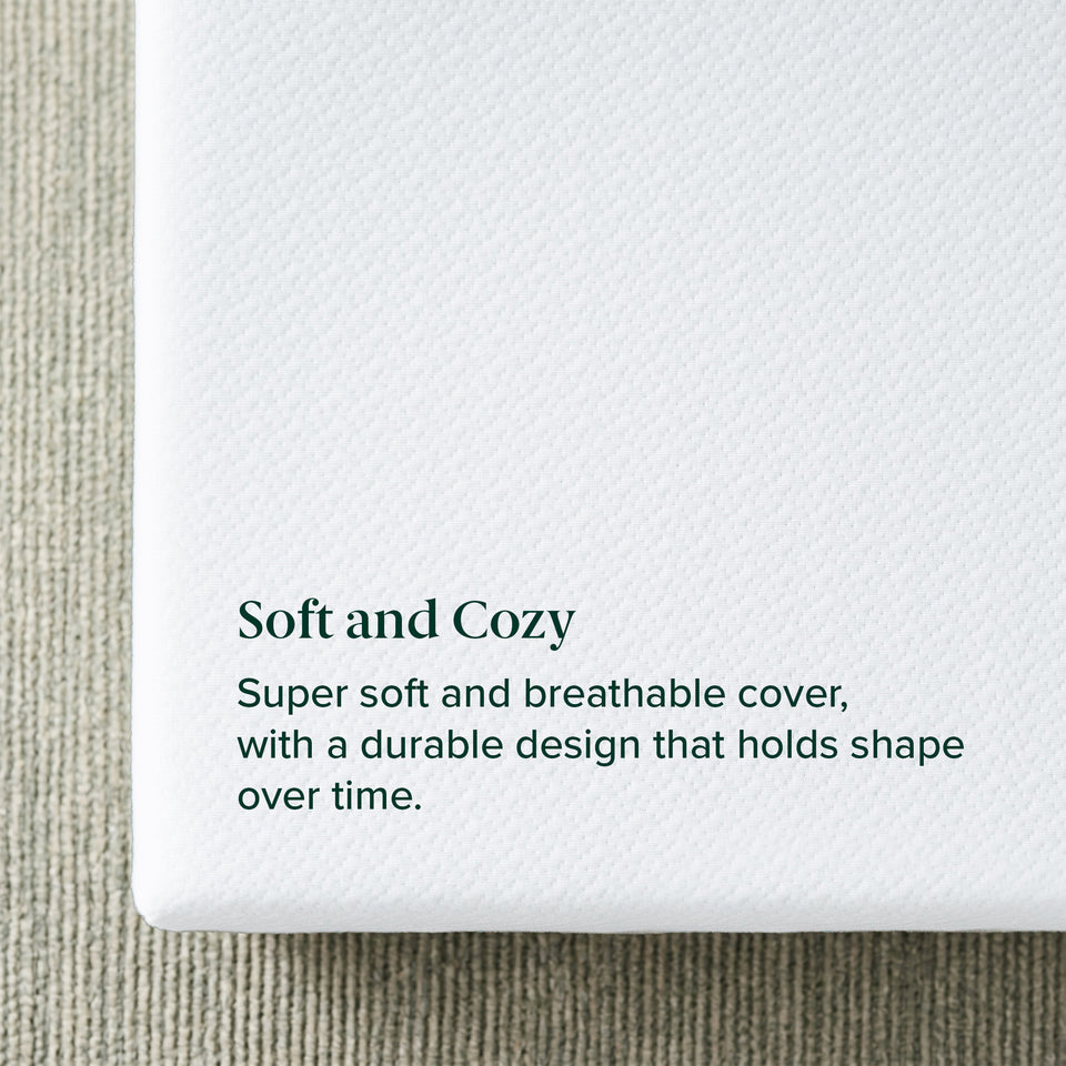 Zinus Original Green Tea Hybrid Mattress, Queen, close-up of soft knit cover corner with text reading soft and cozy, super soft and breathable cover with a durable design that holds shape over time.