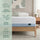 Lifestyle bedroom photo of Zinus Original Green Tea Memory Foam Mattress, Queen size, on a light wood platform bed frame with white and sage green pillows, framed abstract art, nightstand, lamp, and succulent plant. Overlaid on the left side are three icons with text: a reclining figure icon labeled 'Targeted pressure relief'; a leaf icon labeled 'All-night freshness'; and an airflow arrows icon labeled 'Breathable & soft cover'. A small Zinus logo tag is visible on the mattress corner.