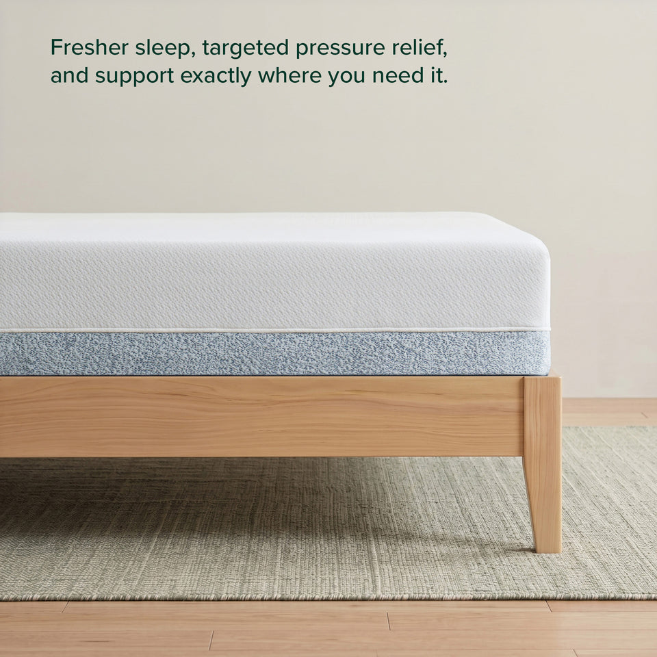 Zinus Original Green Tea Memory Foam Mattress, Queen, side view on wood platform bed frame with headline text reading fresher sleep, targeted pressure relief, and support exactly where you need it.
