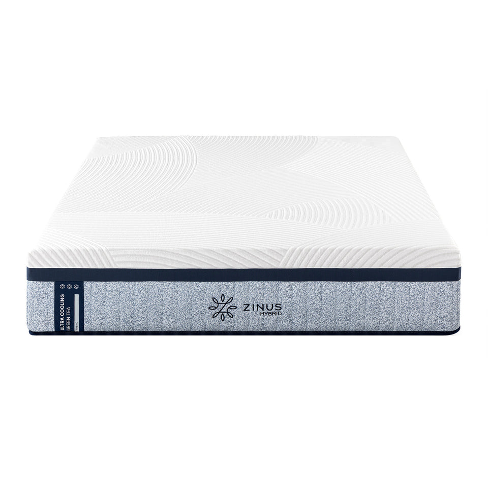 Zinus Ultra Cooling Green Tea Hybrid Mattress, Queen, front silo shot on white background showing quilted white cover, ribbed blue side panel, snowflake icons, and Zinus Hybrid logo.
