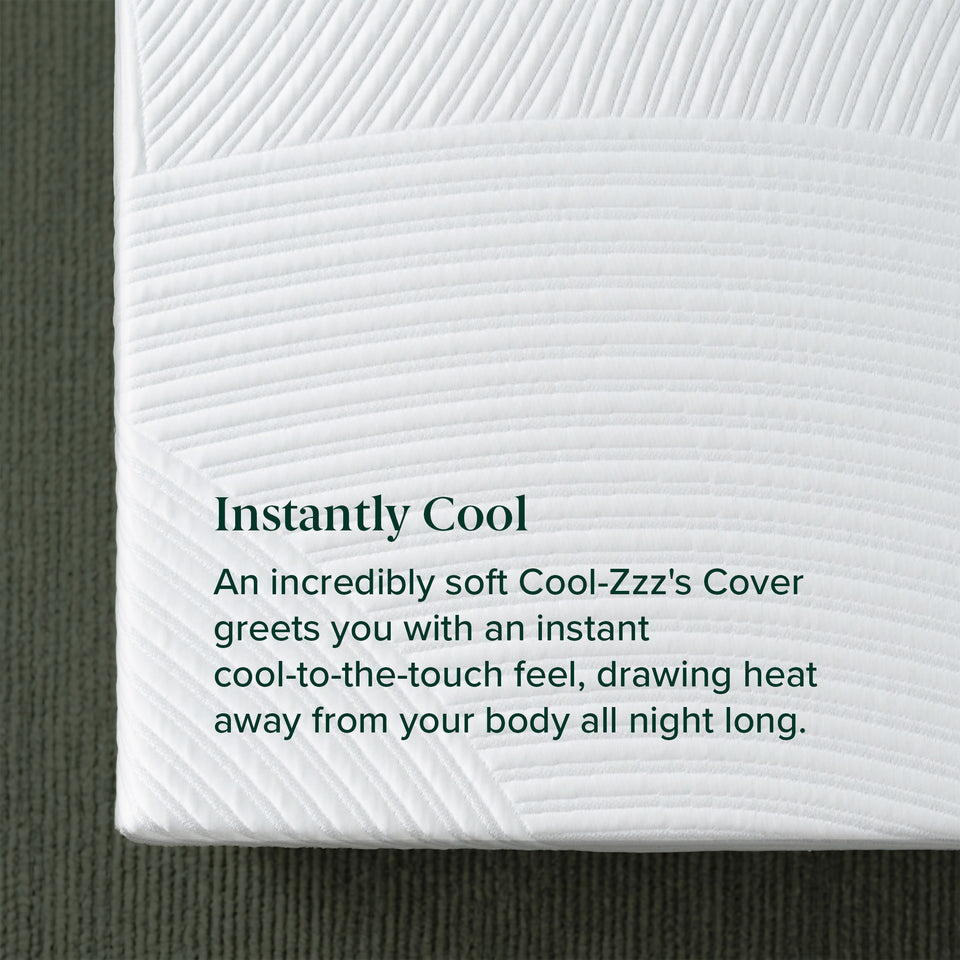Zinus Ultra Cooling Green Tea Hybrid Mattress, Queen, close-up of quilted cover corner with text reading instantly cool, an incredibly soft Cool-Zzz's Cover greets you with an instant cool-to-the-touch feel, drawing heat away from your body all night long.