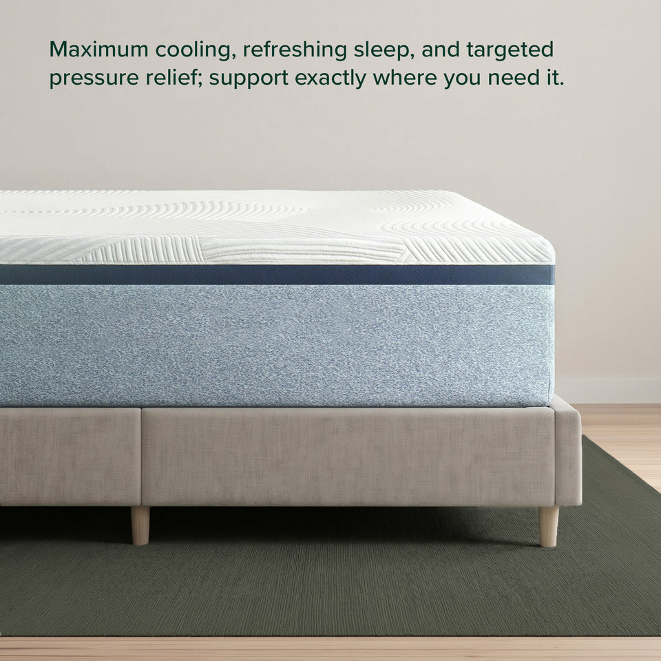 Zinus Ultra Cooling Green Tea Memory Foam Mattress, Queen, corner view on upholstered bed frame with headline text reading maximum cooling, refreshing sleep, and targeted pressure relief; support exactly where you need it.