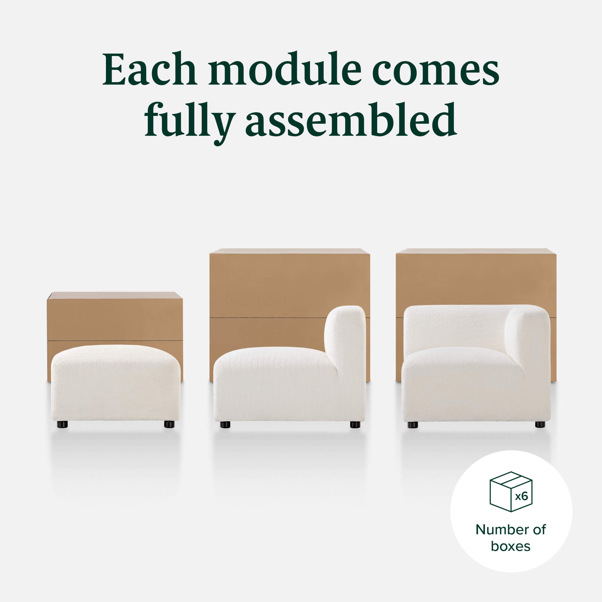 View of the Luca Double Chaise Sectional Sofa's modules, highlighting the ease of assembly in 6 boxes