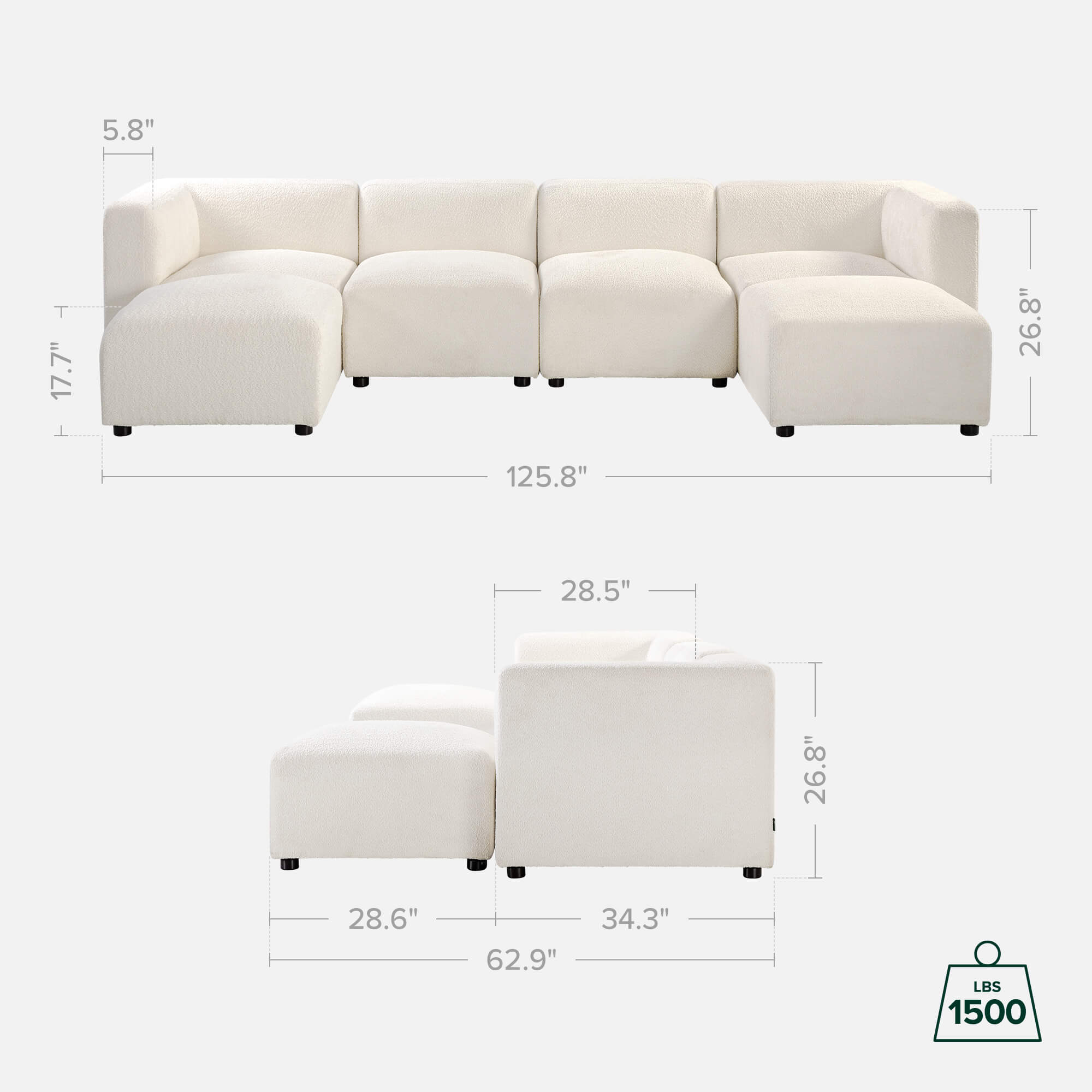 Measurement details for the Luca Double Chaise Sectional Sofa in boucle fabric