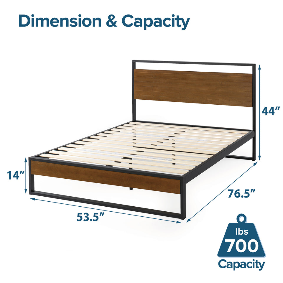 Zinus Suzanne Metal and Bamboo Platform Bed Frame with queen size dimensions shown. Features natural bamboo headboard and footboard framed in black steel with durable wood slats, offering strong mattress support and modern industrial style