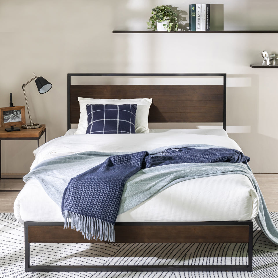 Zinus Suzanne Metal and Bamboo Platform Bed Frame with natural bamboo headboard and footboard framed in gray steel. Styled in a cozy modern bedroom, this platform bed combines sturdy mattress support with contemporary industrial design.
