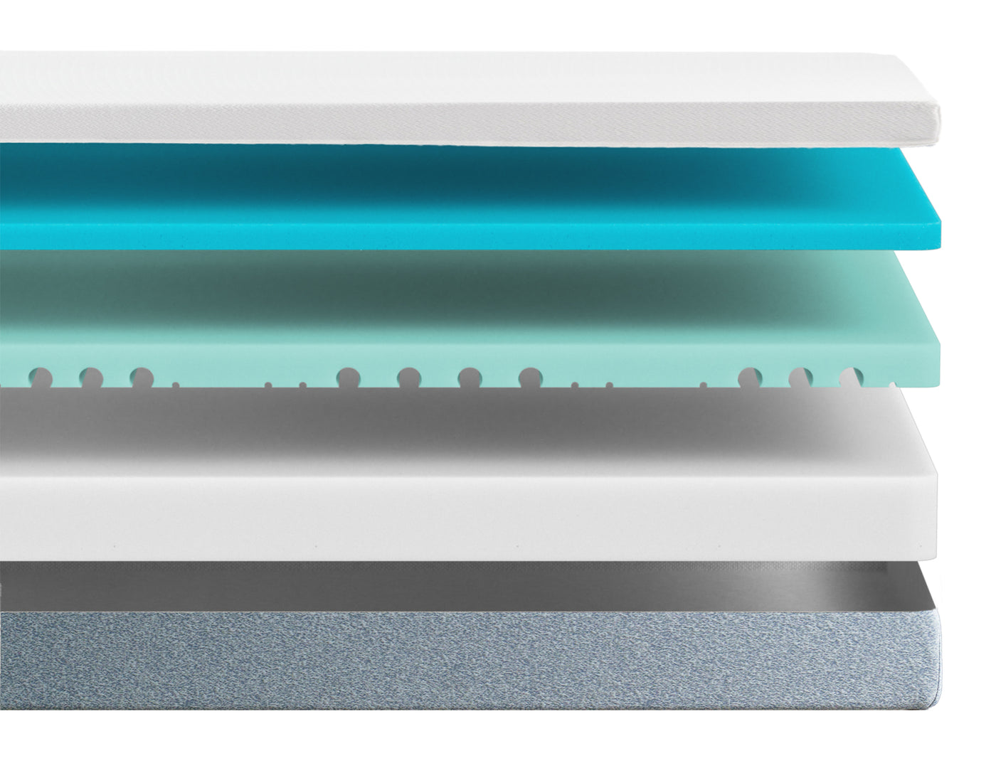 Zinus Balanced Comfort Signature Memory Foam Mattress cutaway diagram showing white knit cover, cooling gel memory foam, green tea infused comfort foam, supportive transition foam, and a durable base foam layer, designed for cooling pressure relief and restful sleep.