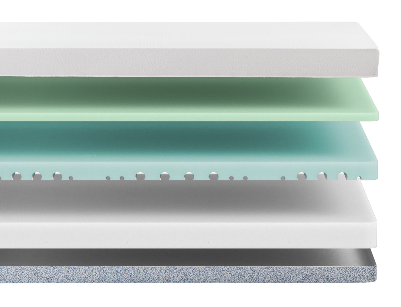 Zinus Balanced Comfort Core Memory Foam Mattress cutaway diagram showing five layers: white knit cover, green tea infused comfort foam, cooling gel memory foam, supportive transition foam, and a durable base foam layer, illustrating pressure-relieving construction for cool, restful sleep.