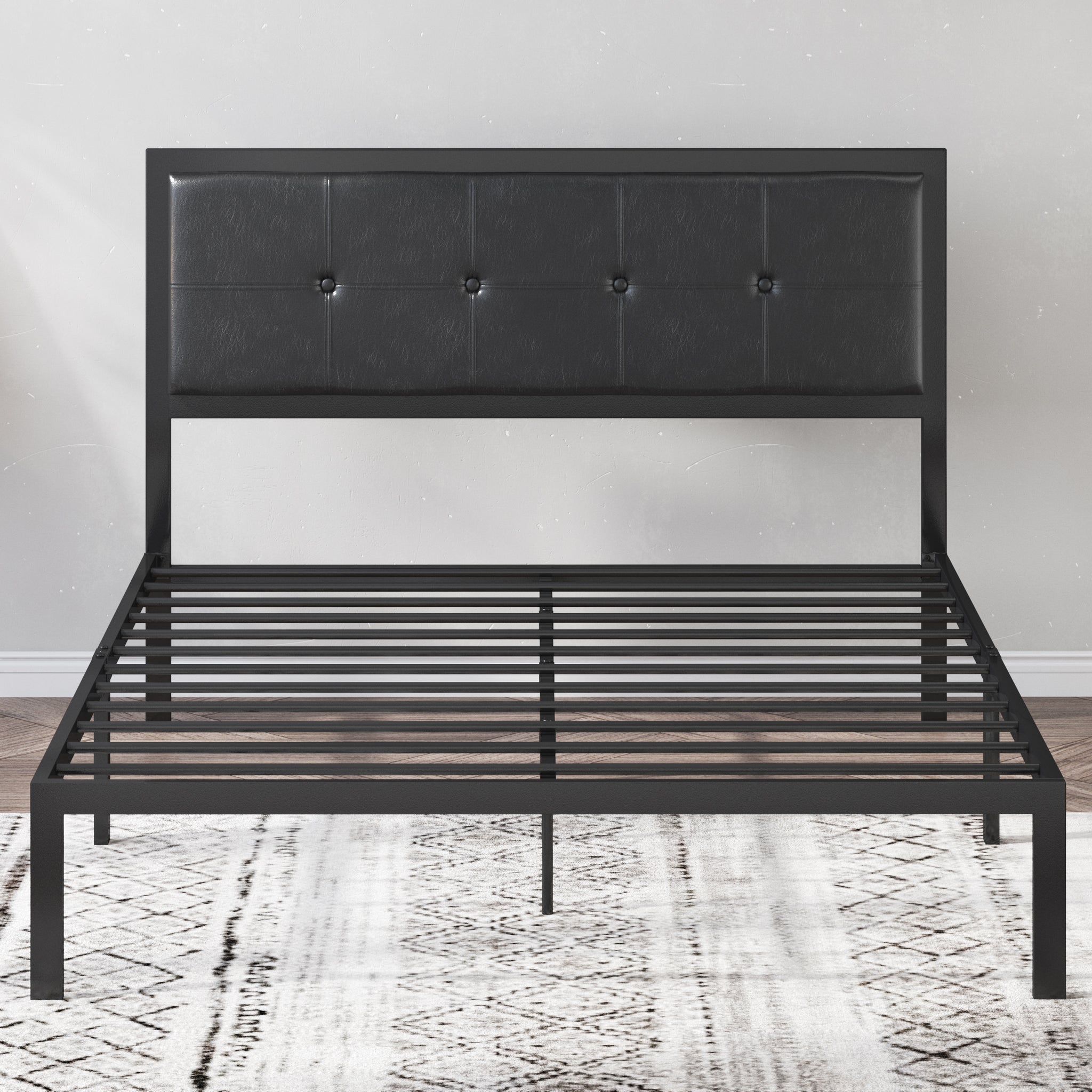 Cherie Metal Platform Bed Frame with Faux Leather Headboard