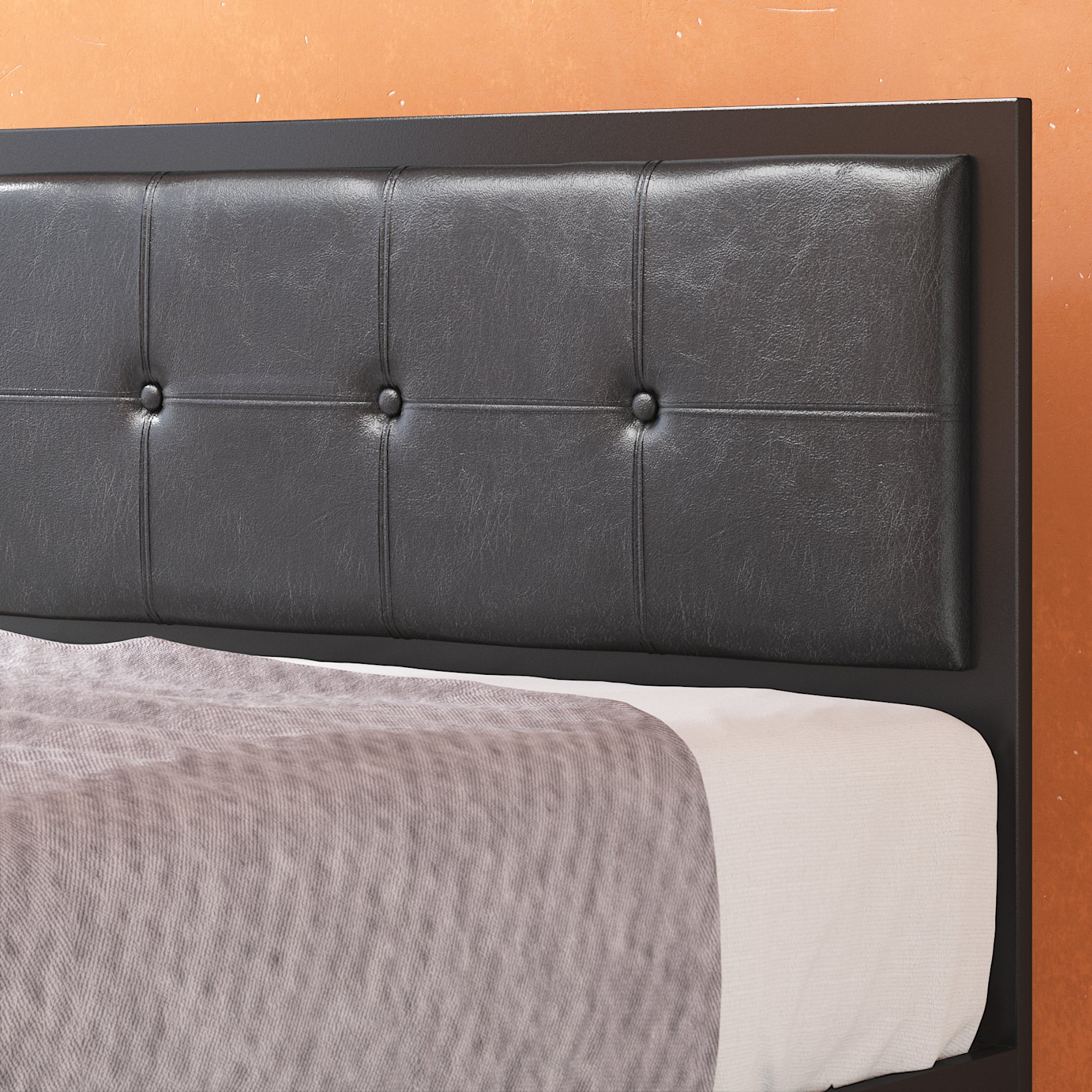 Cherie Metal Platform Bed Frame with Faux Leather Headboard
