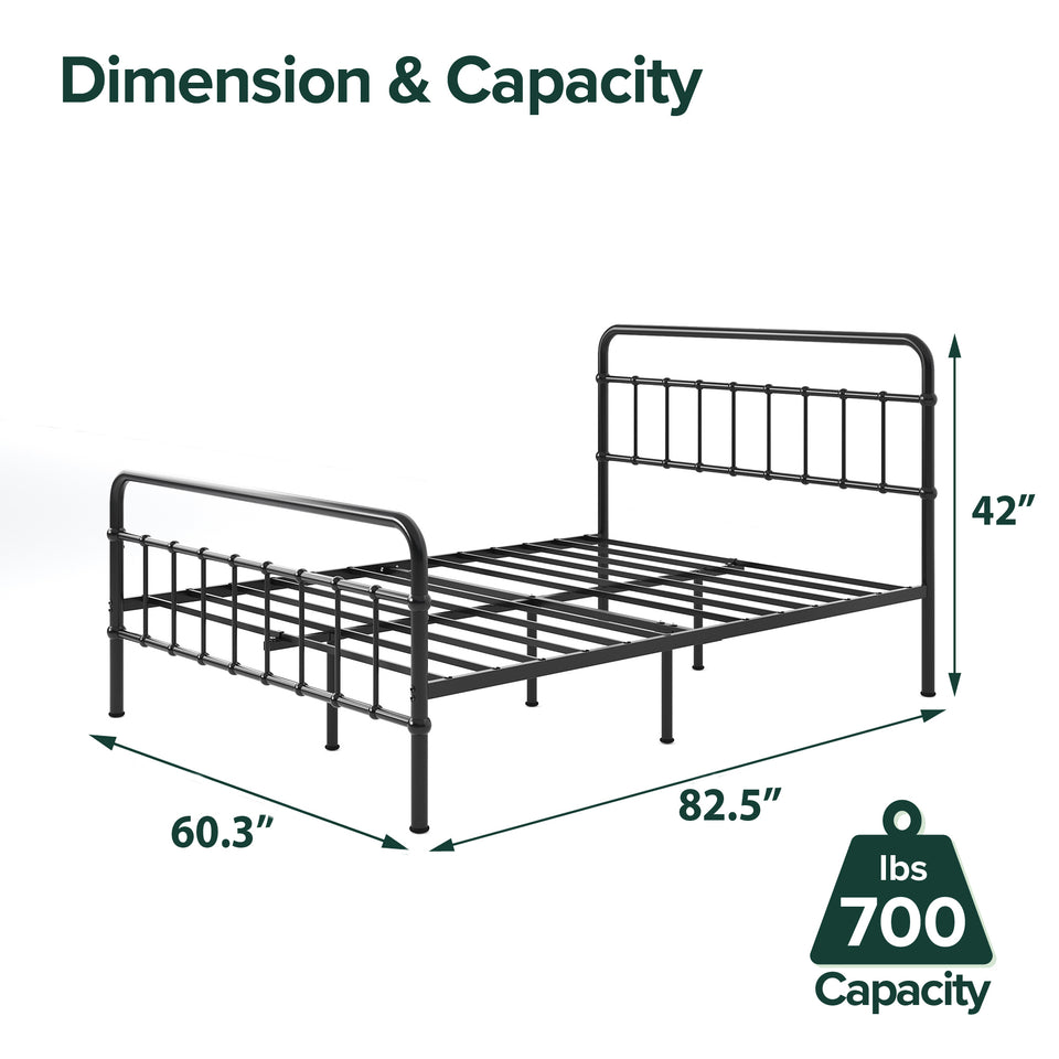 Zinus metal bed frame with headboard shown with dimensions and 700 lb weight capacity. Sturdy steel construction measures 60.3 inches wide, 82.5 inches long, and 42 inches high. Strong design supports memory foam, hybrid, or spring mattresses without a box spring