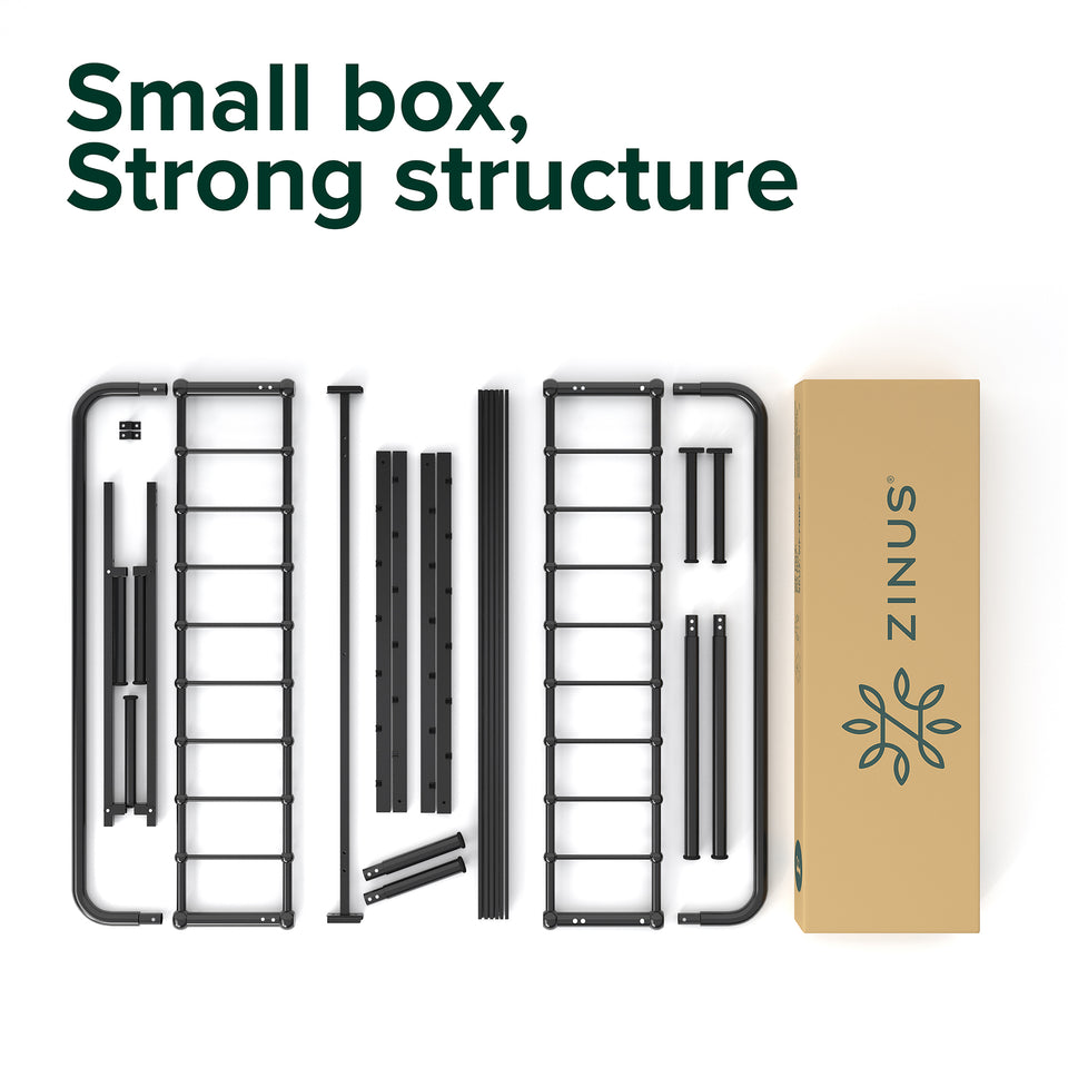 Disassembled Zinus metal platform bed frame with headboard shown laid out beside a compact shipping box. Steel slats and frame parts highlight easy assembly in a small box. Strong, durable construction makes this Zinus bed frame ideal for supporting memory foam or hybrid mattresses