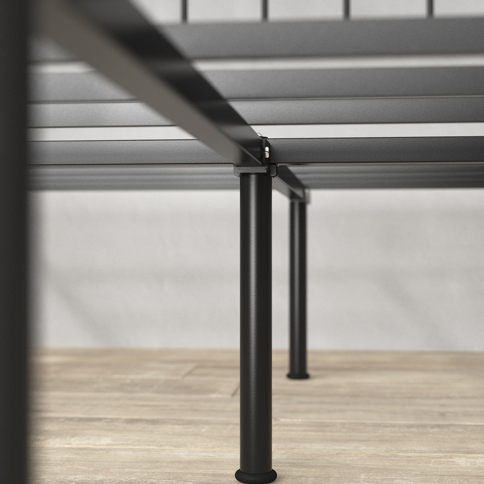 Underside view of Zinus metal platform bed frame showing sturdy black steel support legs and horizontal slats. Reinforced structure enhances durability, provides stable mattress foundation, and allows for underbed storage. Compatible with Zinus memory foam and hybrid mattresses.