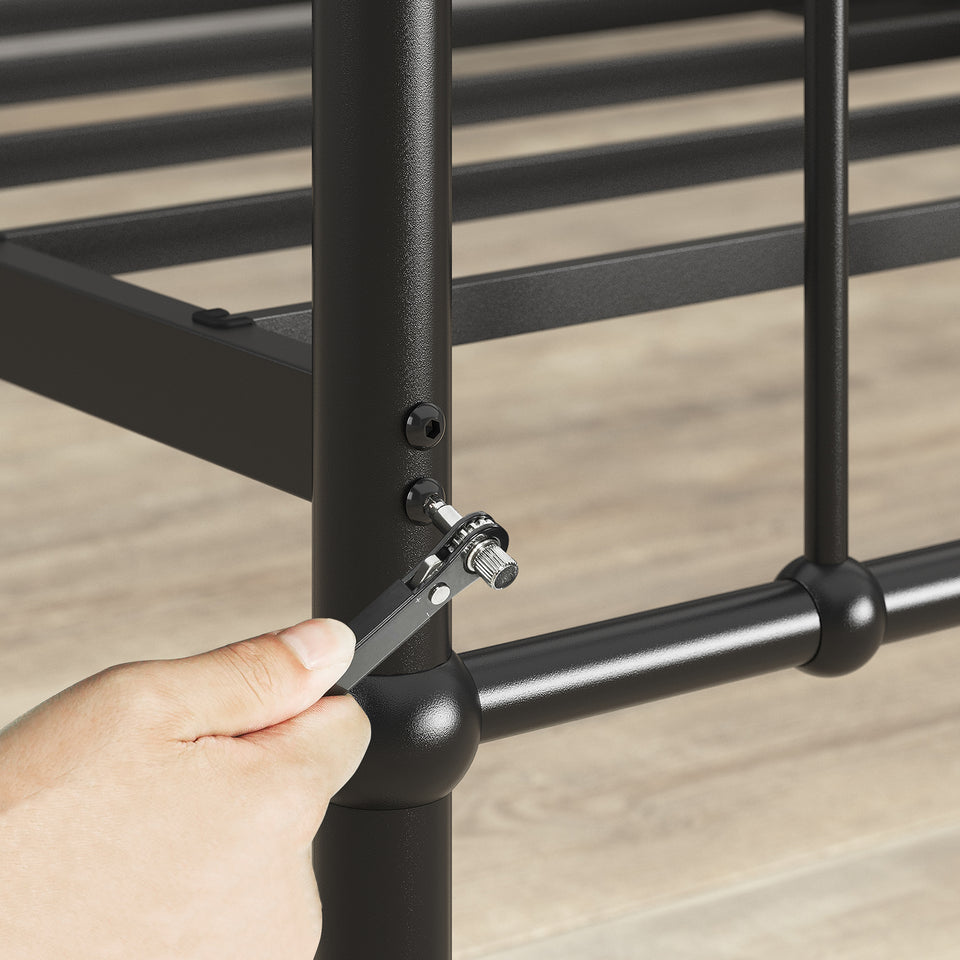 Close-up of Zinus metal bed frame assembly with a hand tightening a bolt using a wrench. The durable steel structure ensures easy setup and stability, supporting foam or hybrid mattresses without the need for a box spring. Designed for lasting strength and simple installation